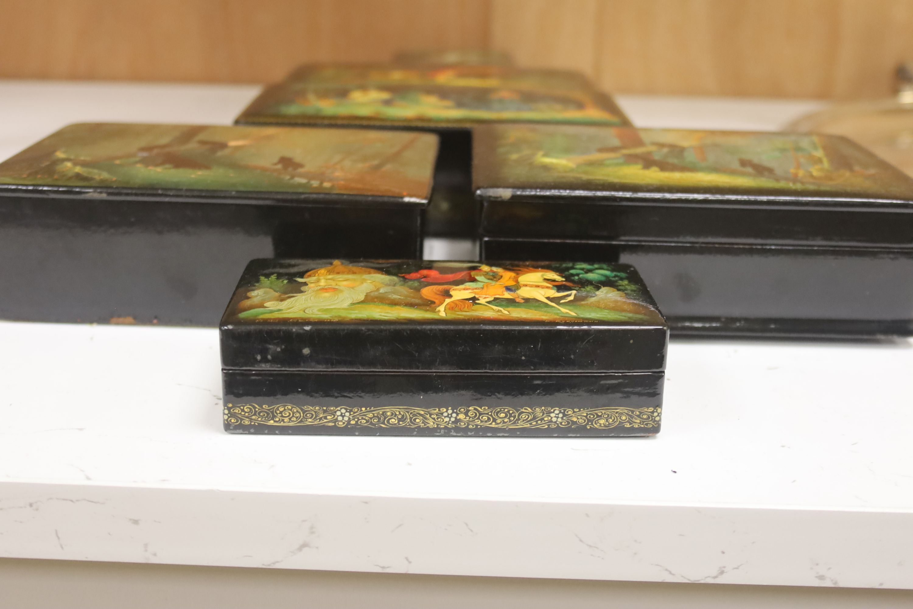 Six various Russian painted papier mache boxes